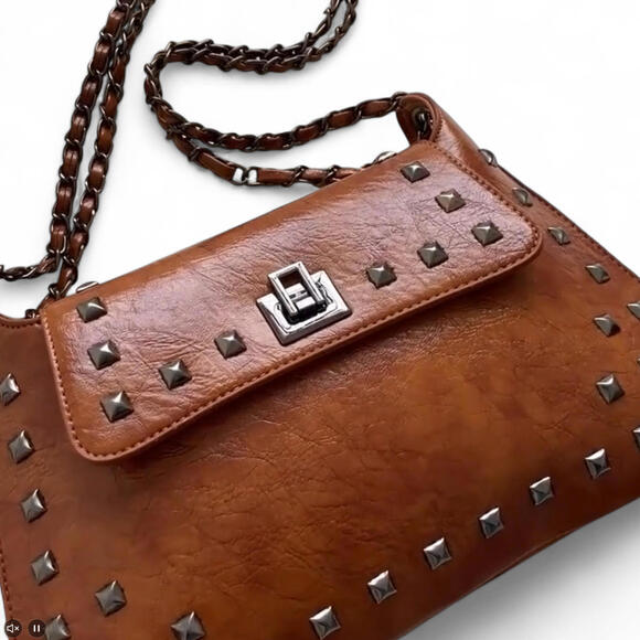 NEW Vintage Y2K Euro Envelope Crossbody Shoulder Bag Purse Cognac Faux Leather - Picture 2 of 8